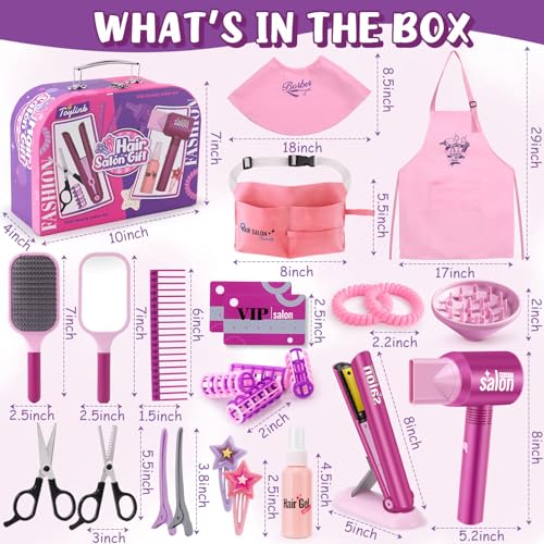 Toylink Hair Salon Pretend Play Toys for Girls 3 4 5 6 Year Old Makeup Playset Toddler Dress Up Beauty Hair Stylist Kit with Hairdryer Straightener Apron Portable Box Birthday Gifts for Girls 46 - Image 5
