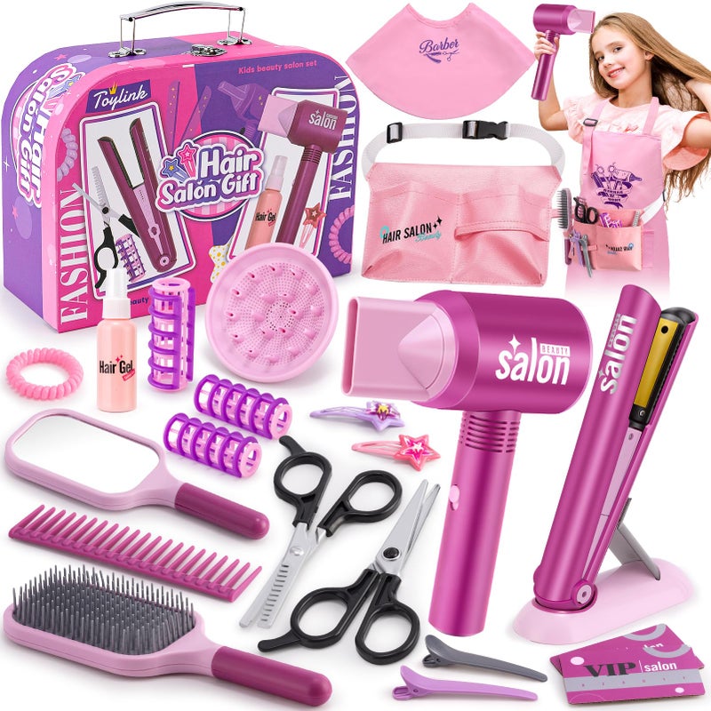 Toylink Hair Salon Pretend Play Toys for Girls 3 4 5 6 Year Old Makeup Playset Toddler Dress Up Beauty Hair Stylist Kit with Hairdryer Straightener Apron Portable Box Birthday Gifts for Girls 46 - Image 4