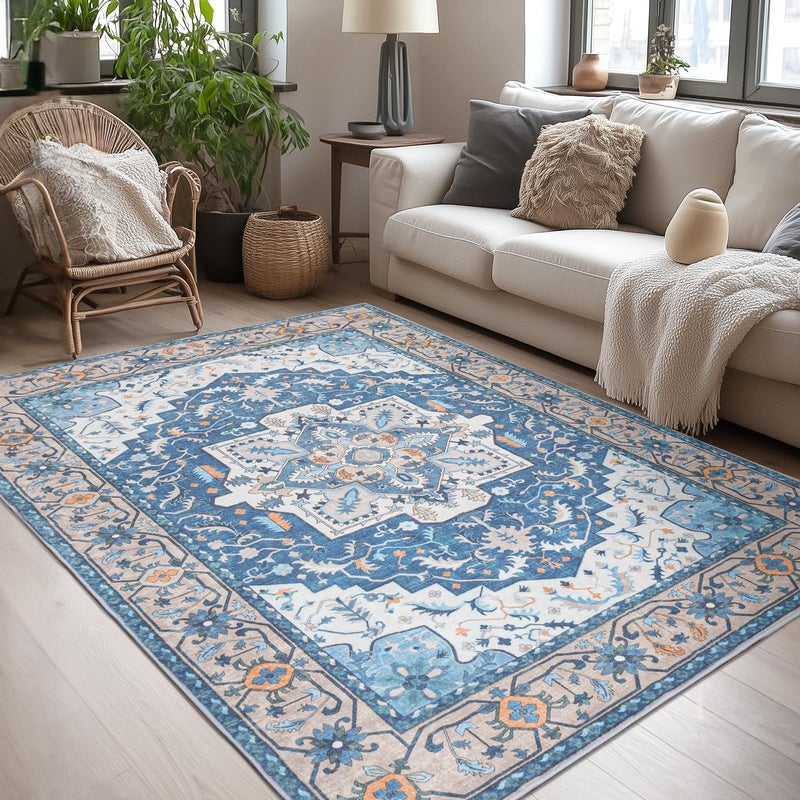 Lessymo 5x7 Area Rugs Machine Washable Area Rugs Super Soft FauxWool Area Rug for Living Room Bedroom Boho Area Rug Vintage Floral Medallion NonSlip Low Pile Kid Pet Friendly Blue Brown