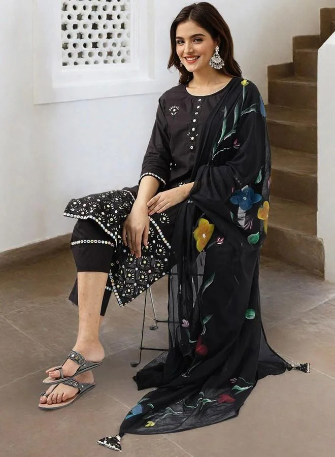 ISHIN Women'S Black 100% Cotton Embroidered Tunic Full Length Palazzo Straight Fit Kurta Set