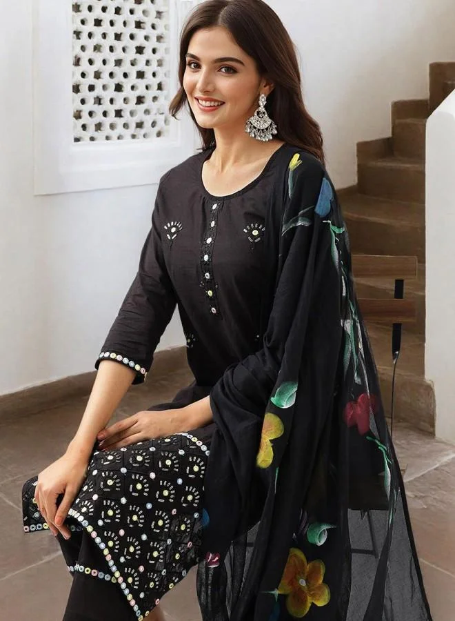 ISHIN Women'S Black 100% Cotton Embroidered Tunic Full Length Palazzo Straight Fit Kurta Set