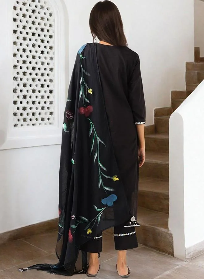 ISHIN Women'S Black 100% Cotton Embroidered Tunic Full Length Palazzo Straight Fit Kurta Set