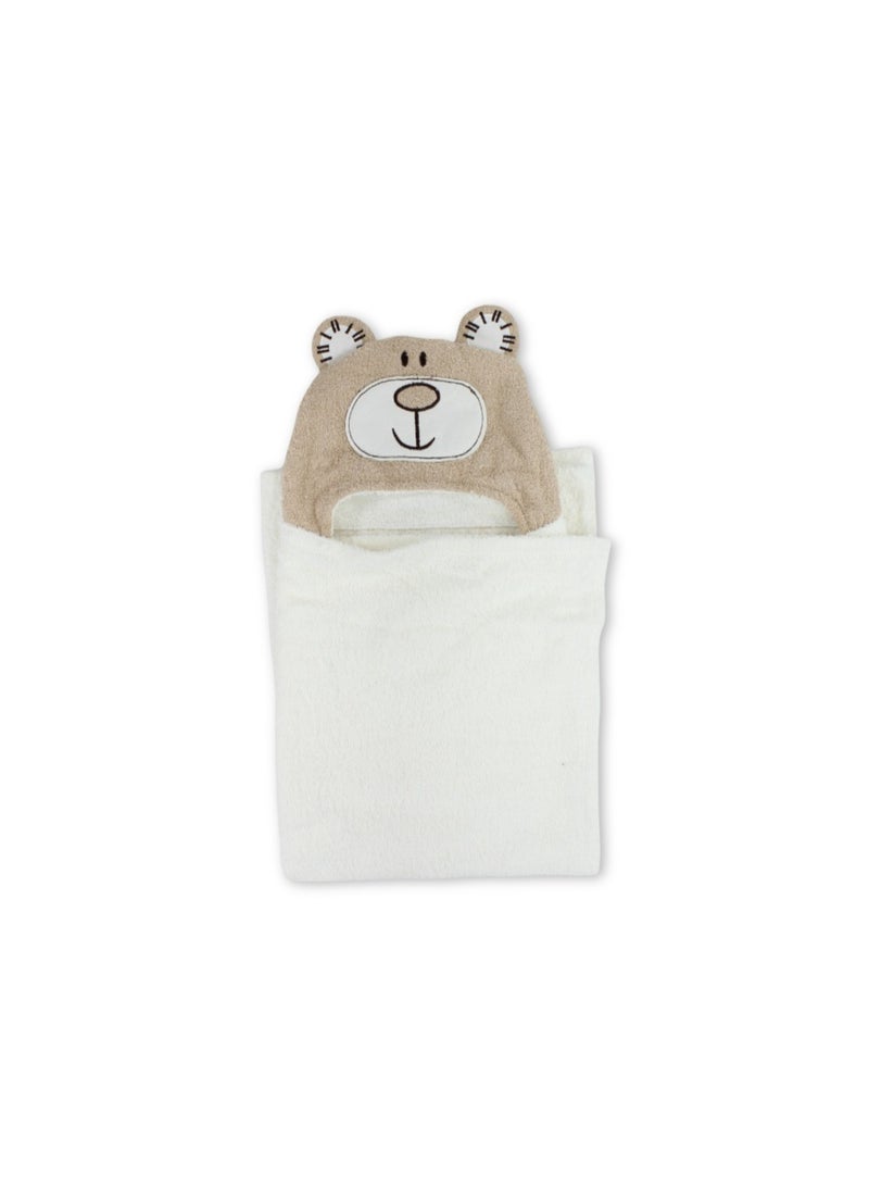 Junior Cotton Baby Hooded Towel  – Off-White & Coffee with Bear Design - Image 1