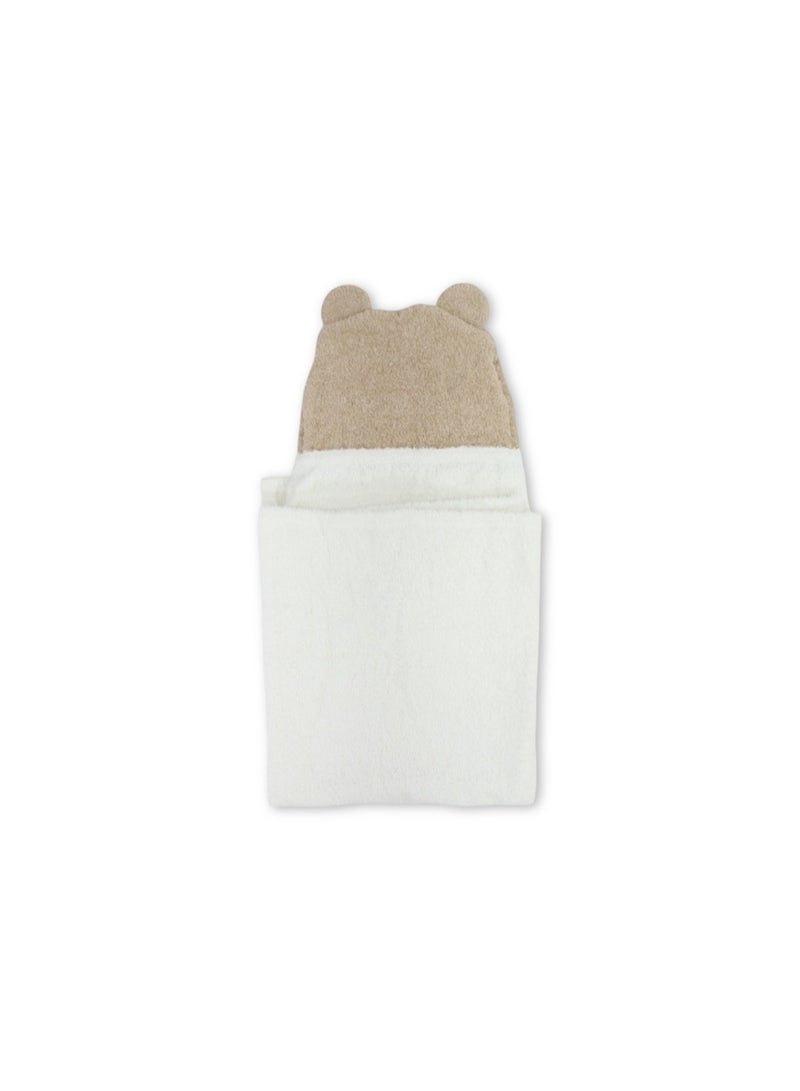 Junior Cotton Baby Hooded Towel  – Off-White & Coffee with Bear Design - Image 3