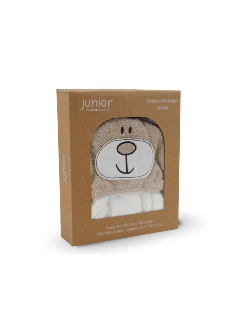 Junior Cotton Baby Hooded Towel  – Off-White & Coffee with Bear Design - Image 2