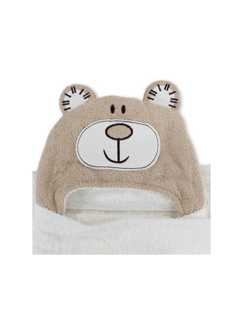 Junior Cotton Baby Hooded Towel  – Off-White & Coffee with Bear Design - Image 4
