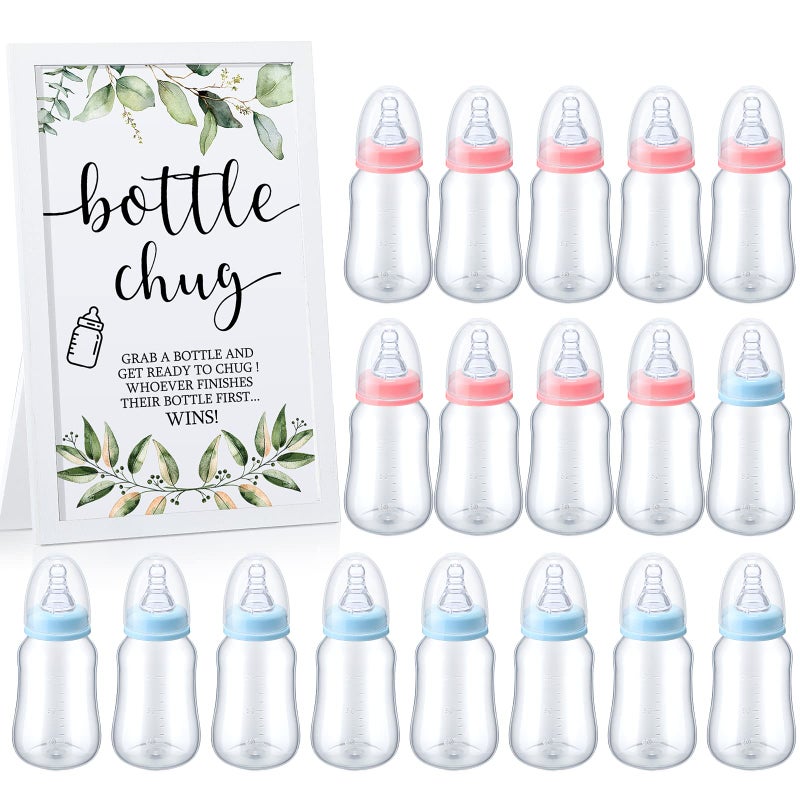Roowest Bottle Chug Baby Shower Game Favors Including Eucalyptus Theme Wooden Sign and 18 Pcs Baby Bottles for Gender Reveal Party Supplies