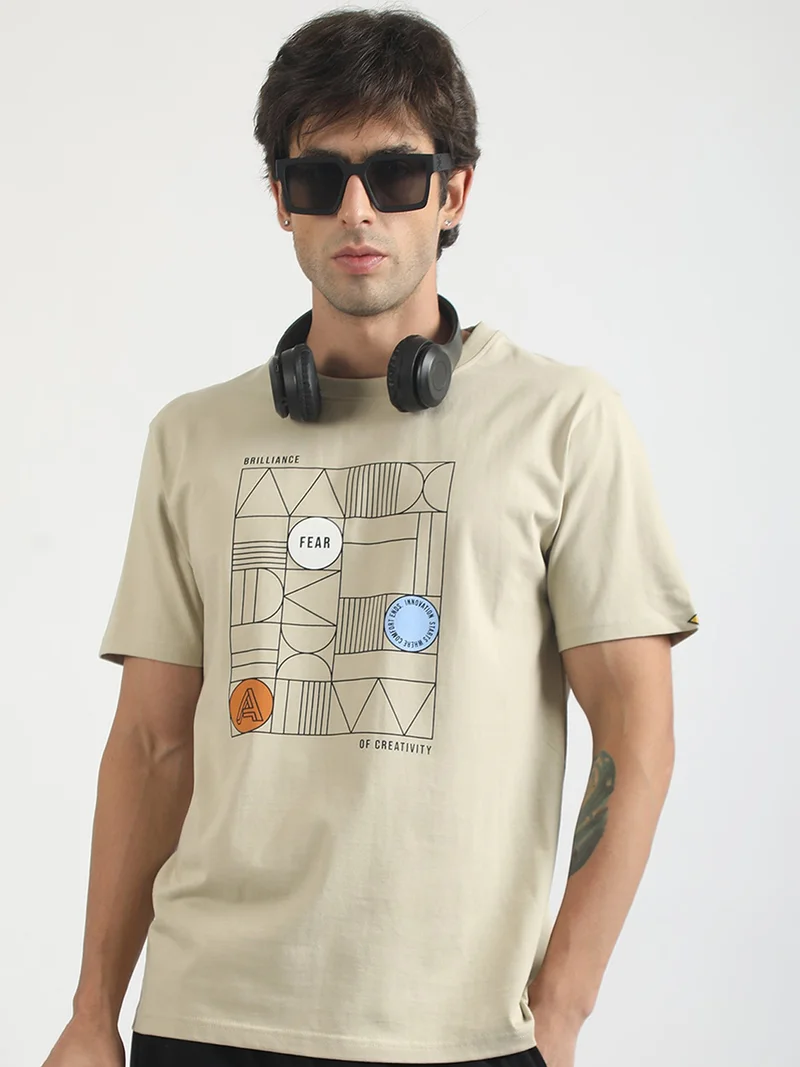 مانياك Maniac Mens Printed Round Neck Half Sleeve Brown and Beige Cotton Polo Tshirt