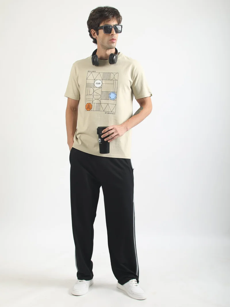 Maniac  Maniac Mens Printed Round Neck Half Sleeve Brown and Beige Cotton Polo Tshirt for Men | Best Price UAE