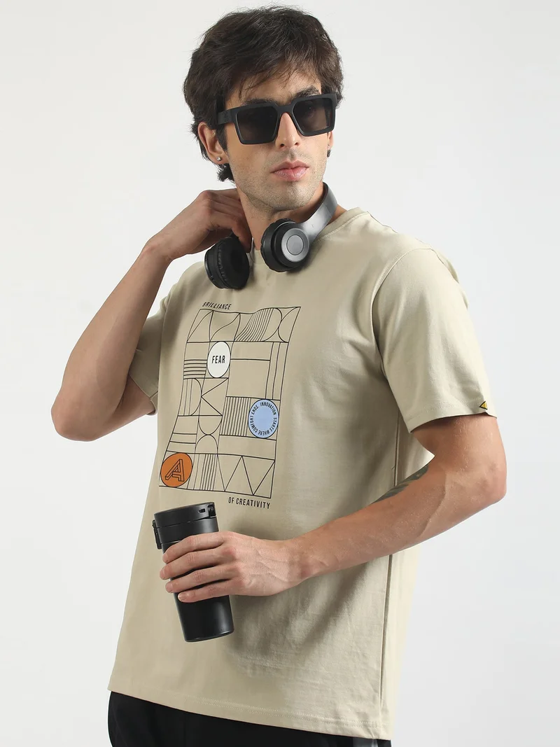 Maniac  Maniac Mens Printed Round Neck Half Sleeve Brown and Beige Cotton Polo Tshirt for Men | Best Price UAE