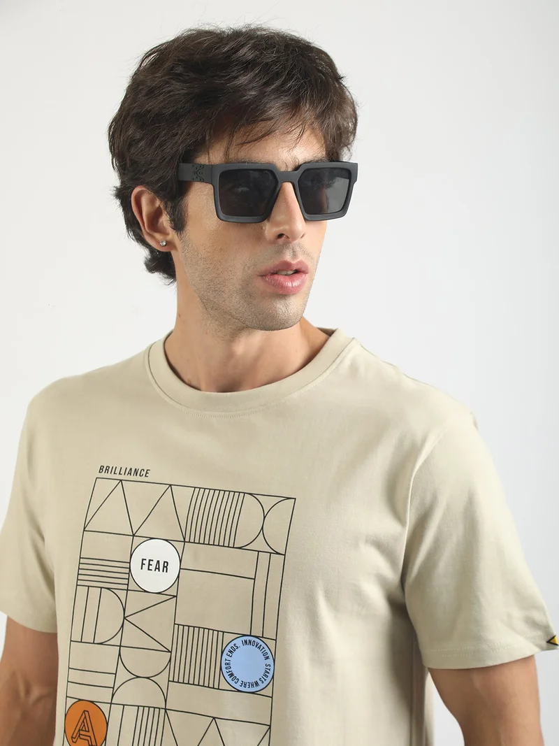 مانياك Maniac Mens Printed Round Neck Half Sleeve Brown and Beige Cotton Polo Tshirt