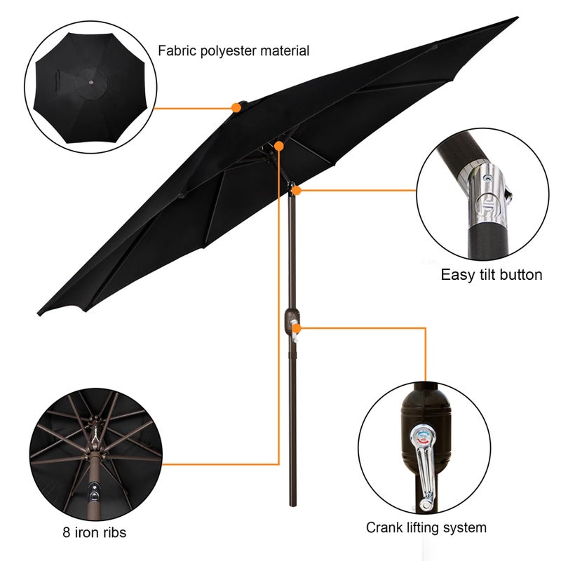 Blissun 9' Outdoor Patio Umbrella, Outdoor Table Umbrella, Yard Umbrella, Market Umbrella with 8 Sturdy Ribs, Push Button Tilt and Crank (Black) - Image 2