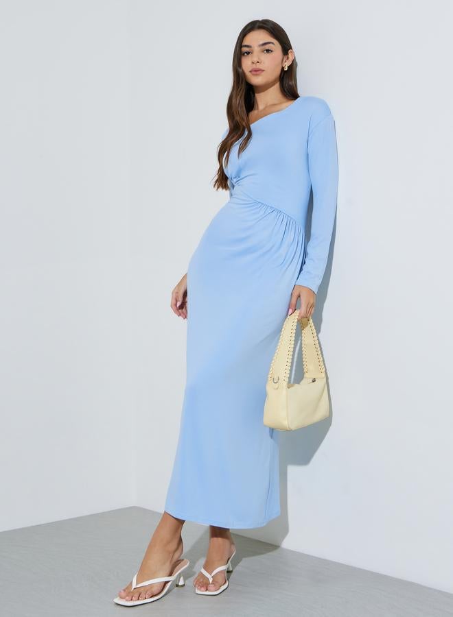 Styli Blue Solid Asymmetric Neck Ruched Details Maxi Dress - Image 1