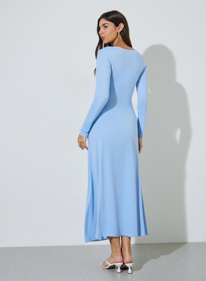 Styli Blue Solid Asymmetric Neck Ruched Details Maxi Dress - Image 3