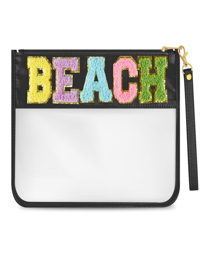 Morcheiong Chenille Letter Bag Cute Clear Zipper Stuff Pouch Portable Multi-purpose PVC and Nylon Makeup Bag with Handle for Travel Gym Beach（Black Beach） - Image 1