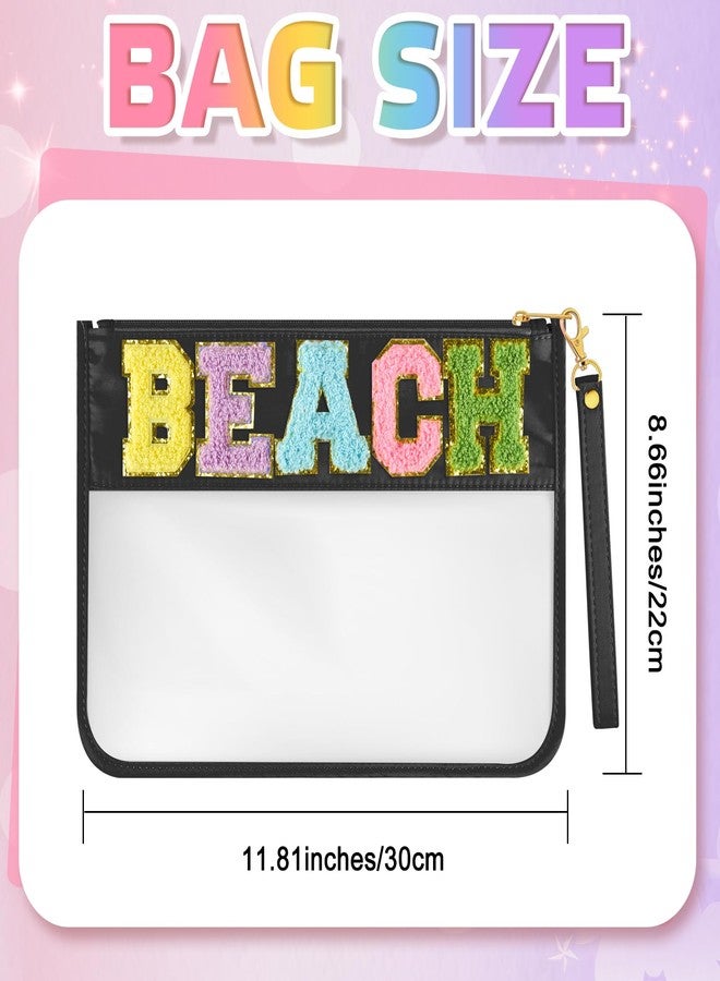 Morcheiong Chenille Letter Bag Cute Clear Zipper Stuff Pouch Portable Multi-purpose PVC and Nylon Makeup Bag with Handle for Travel Gym Beach（Black Beach） - Image 2