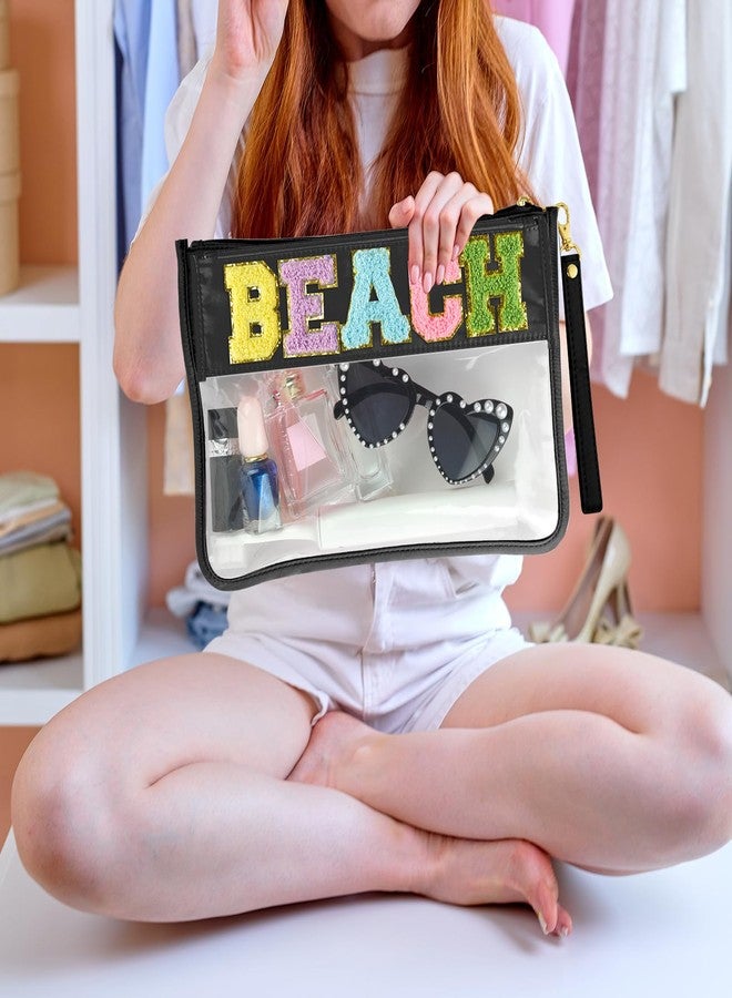 Morcheiong Chenille Letter Bag Cute Clear Zipper Stuff Pouch Portable Multi-purpose PVC and Nylon Makeup Bag with Handle for Travel Gym Beach（Black Beach） - Image 5