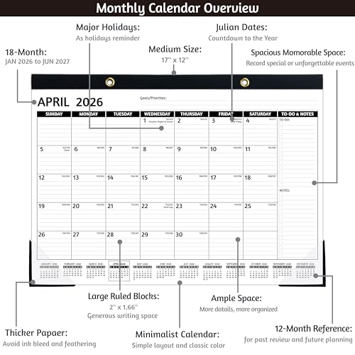 BowCuk 2026-2027 Desk Calendar – Run Now to MAR. 2027, 18 Monthly Desk Calendar 2026-2027 Large, 17'' x 12'', Best Desk/Wall Calendar 2026 with To-do Lists, Desk Pad, Ruled Blocks, Corner Protectors - Image 4