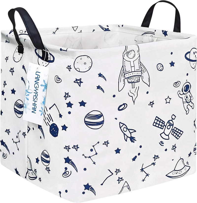 LANGYASHAN Square Storage Baskets Waterproof Canvas Children Laundry Nursery Hamper for Shelves Gift Baskets Toy Organizer Room Decor (Square spaceship) - Image 1