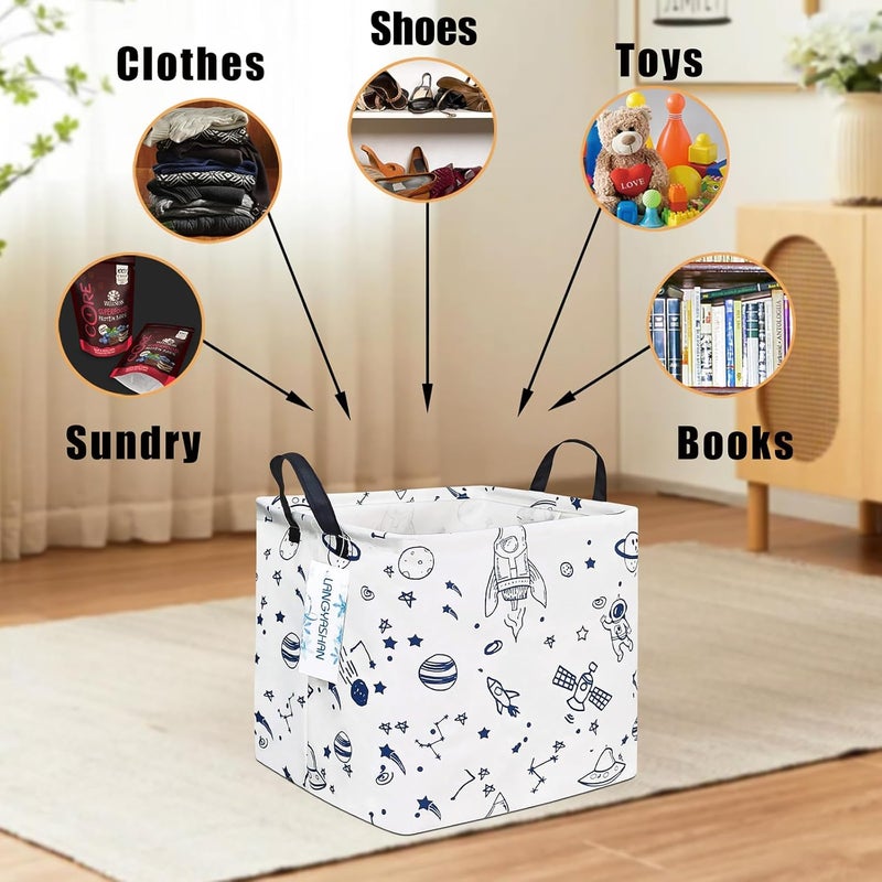 LANGYASHAN Square Storage Baskets Waterproof Canvas Children Laundry Nursery Hamper for Shelves Gift Baskets Toy Organizer Room Decor (Square spaceship) - Image 3