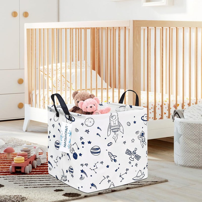 LANGYASHAN Square Storage Baskets Waterproof Canvas Children Laundry Nursery Hamper for Shelves Gift Baskets Toy Organizer Room Decor (Square spaceship) - Image 5