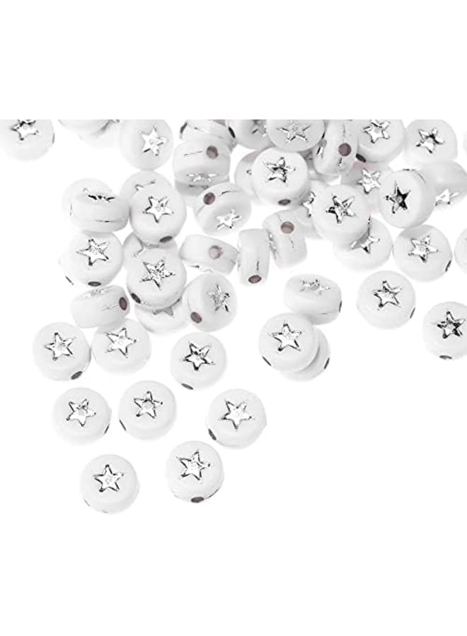 1200pcs White Acrylic Bead Charms 7mm Silver Star Pattern Pony Beads Flat Round Disc Coin Loose Spacer Beads for DIY Necklace Bracelet Jewelry Making - Image 1
