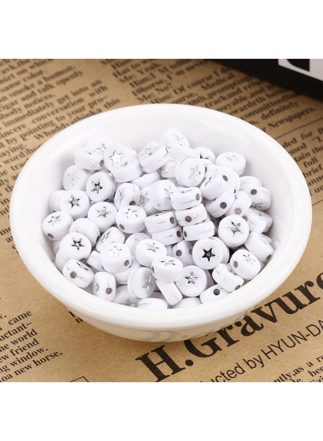1200pcs White Acrylic Bead Charms 7mm Silver Star Pattern Pony Beads Flat Round Disc Coin Loose Spacer Beads for DIY Necklace Bracelet Jewelry Making - Image 3