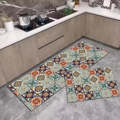 TRUSHALI PRESENT Set of 2 Non-Slip Rubber Kitchen Floor Mats – Soft and Absorbent Rugs for Kitchen, Laundry, Hallway – Sizes 120×40 cm & 40×60 cm (Brown Multi) - Image 3