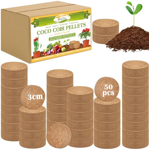 ZeeDix Coco Coir Potting Soil, 50pcs 30mm Compressed Coconut Fiber Seed Starter Soil Pellets, Coco Peat Soil Discs for Indoor Outdoor Plants, Herbs, Houseplants, Flowers, Succulents, Vegetables - Image 1