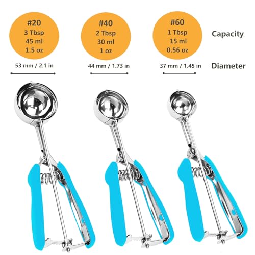 LLESCA Cookie Scoop Set, 3Pcs Ice Cream Scoop, Cookie Scoops for Baking Set of 3, 18/8 Stainless Steel Cookie Scooper for Baking, Ice Cream Scooper with Trigger Release, Blue Soft Grip Cookie Dough Scoop - Image 2