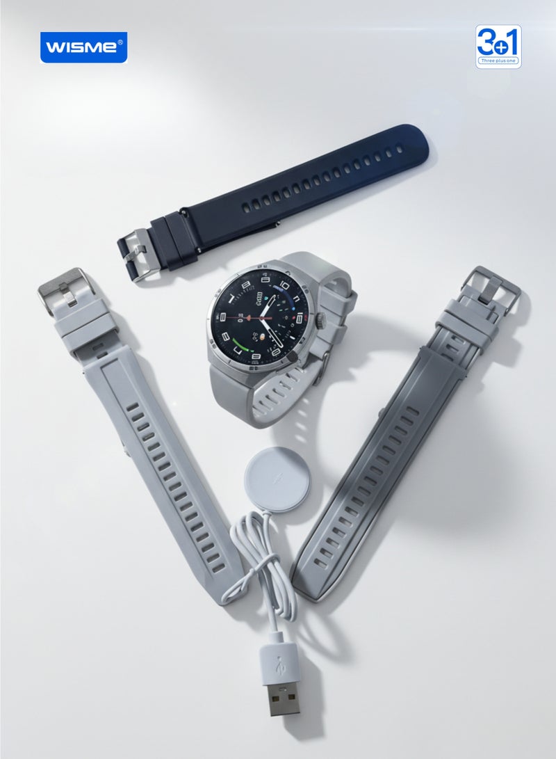 ويزمي ساعة WISME X56 MAX الذكية فضية اللون - مكالمات بلوتوث، تحديد المواقع عبر نظام تحديد المواقع العالمي (GPS)، إشعارات، 3 أحزمة، شاحن مغناطيسي - Image 1