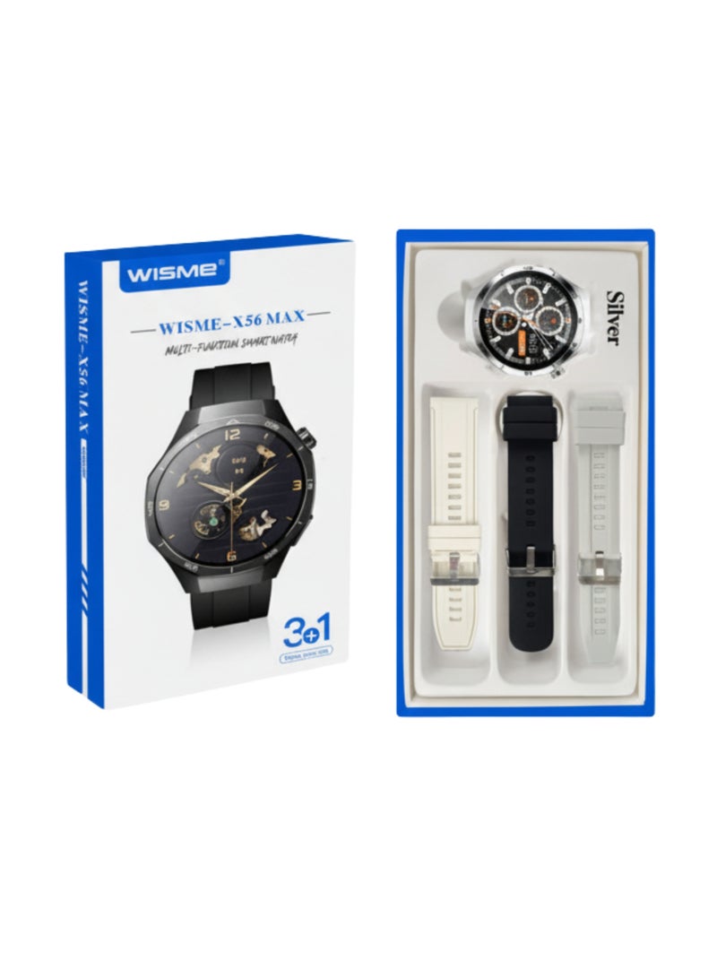 WISME X56 MAX Smartwatch Silver – Bluetooth Calling, GPS Positioning, Notifications, 3 Straps, Magnetic Charger - Image 1