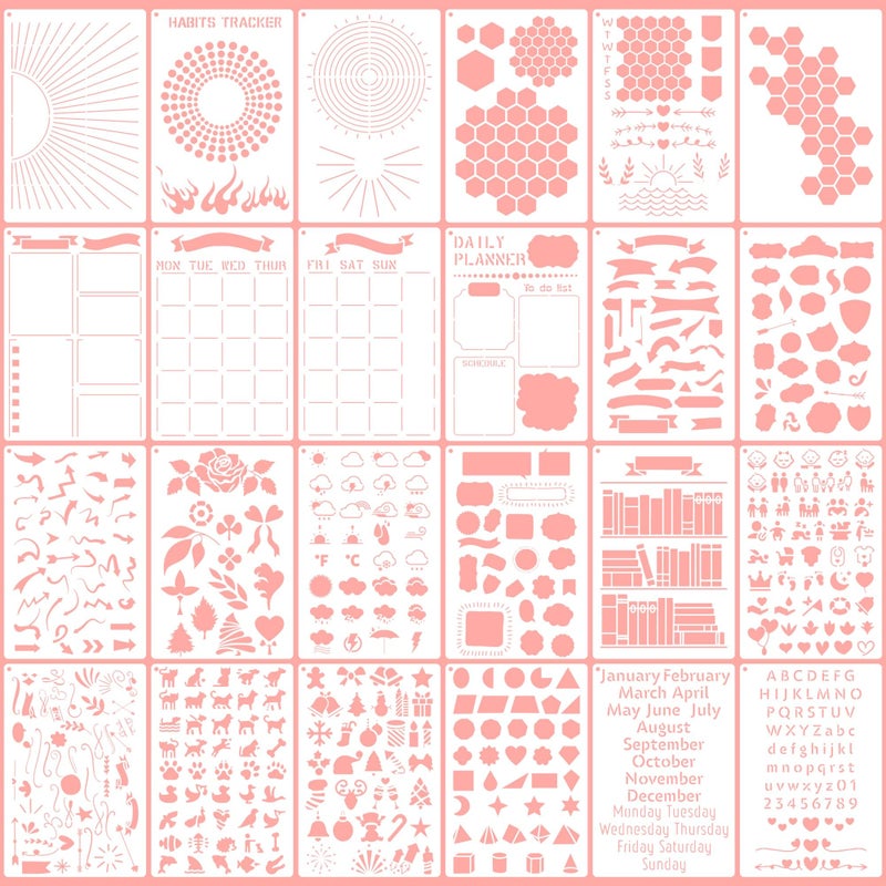 24PCS Bullet Journal Stencils for A5 Planners Reusable Journal Stencils and Planner Templates Set DIY Journaling Supplies for NotebookDiaryCalendar Layout Design and Tracking