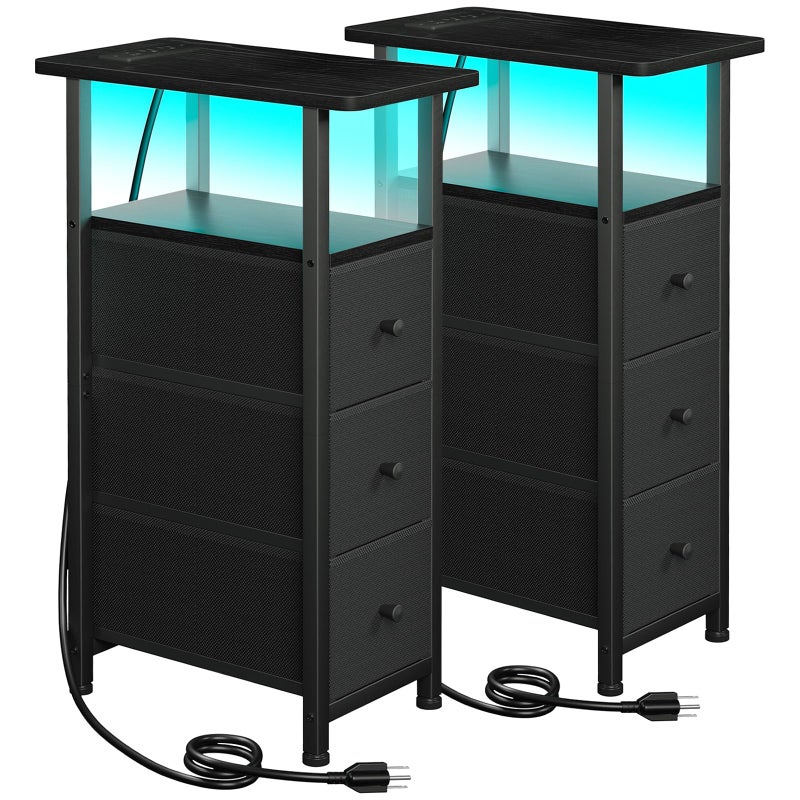 LOAKEKEL Narrow End Tables Living Room Set of 2 with Charging Station, Skinny Side Table with Fabric Drawers, Slim LED Nightstand for Bedroom, Small Spaces, Couch, Black, HETNDP03LBK - Image 1