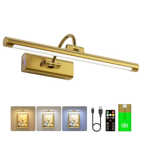 Craftersmark 16 Gallery Picture Light with 1pcs Extra 6000mAh Battery Brass Cordless Rechargeable Wall Sconce with Remote for Library Study Room Art Renter Use - Image 1