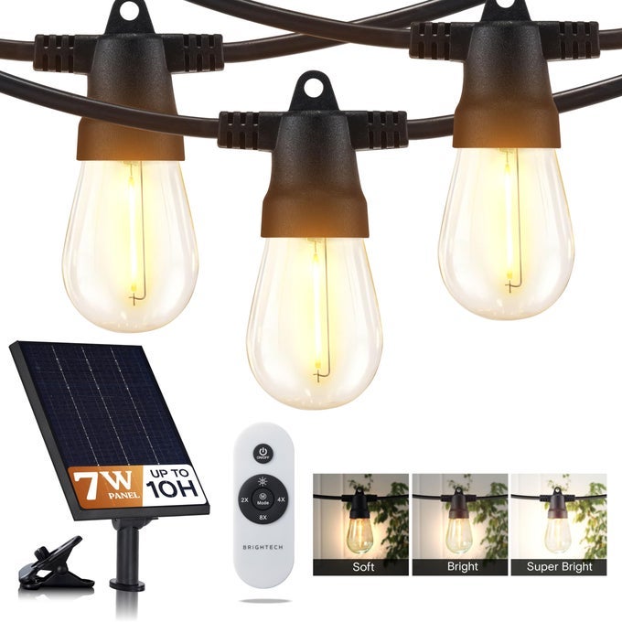 104 52X2 FT AMBIENCE PRO SOLAR POWERED OUTDOOR LED STRING LIGHTS WATERPROOF REMOTE CONTROL LIGHTS 32 BULBS 7W SOLAR POWERED SOFT WHITE LIGHT FOR CAMPING PATIO GARDEN