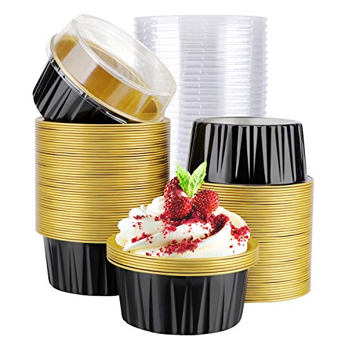 EUSOAR Baking Cups Aluminum Foil 5oz 100pcs Reusable Cupcake Cups with Lids 334x259x235 Pie Ramekins Desserts Flans Custard Cake Pudding Jello Cups Catering Party FavorBlack Gold