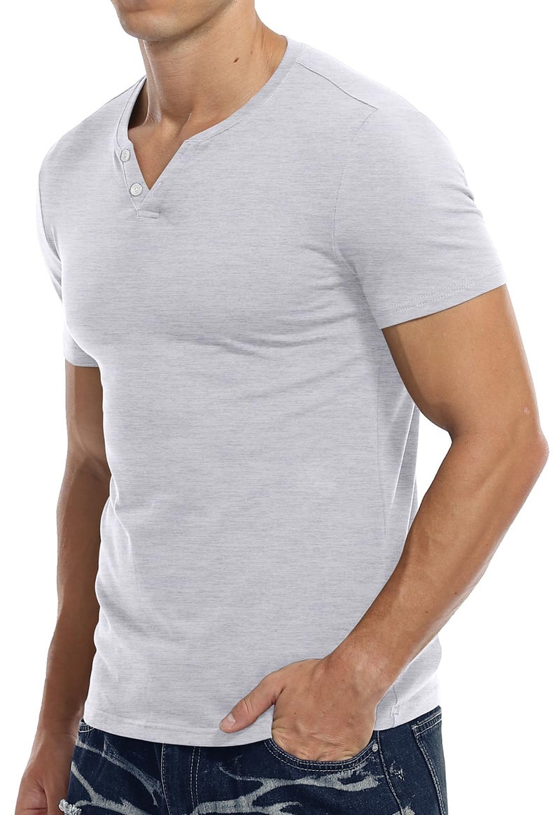 KUYIGO Mens Summer Casual Short Sleeve Henley T-Shirt 2 Button Placket Plain V Neck Slim Fit Shirts Grey Large - Image 4