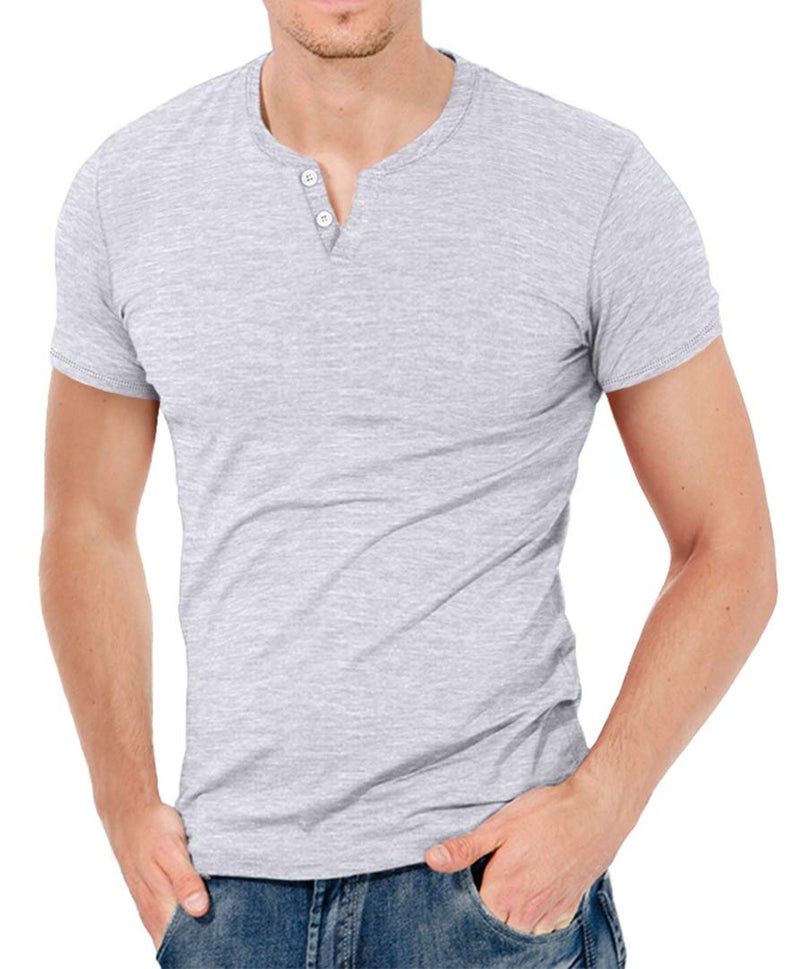 KUYIGO Mens Summer Casual Short Sleeve Henley T-Shirt 2 Button Placket Plain V Neck Slim Fit Shirts Grey Large - Image 2