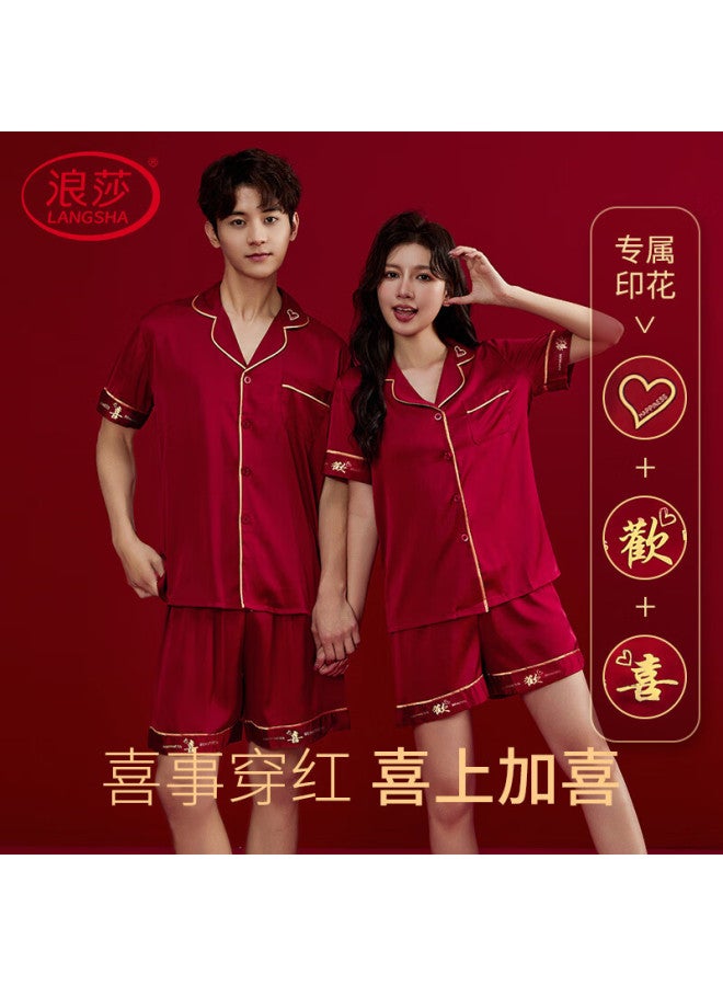 LANG SHA Langsha Red Wedding Couple Pajamas Women Summer Short Sleeve Shorts Ice Silk Men's Home Wear Birthday Gift Gift Box - Image 1