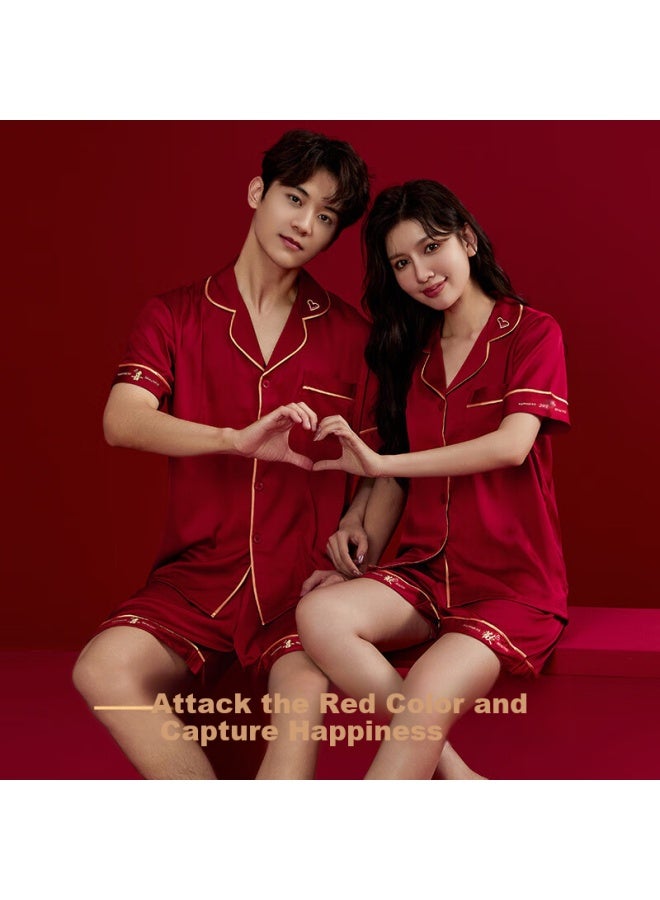 LANG SHA Langsha Red Wedding Couple Pajamas Women Summer Short Sleeve Shorts Ice Silk Men's Home Wear Birthday Gift Gift Box - Image 3