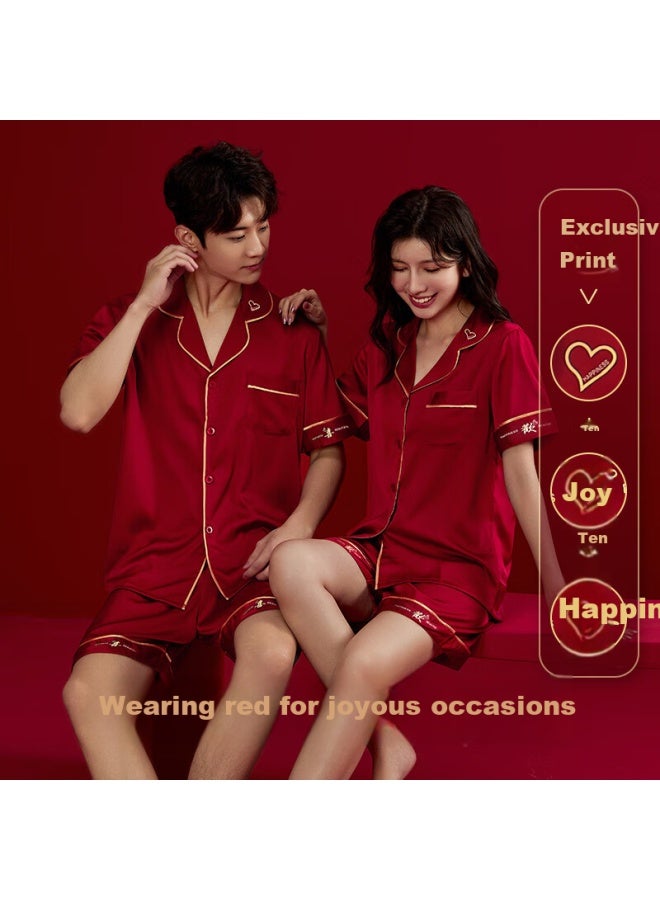 LANG SHA Langsha Red Wedding Couple Pajamas Women Summer Short Sleeve Shorts Ice Silk Men's Home Wear Birthday Gift Gift Box - Image 2