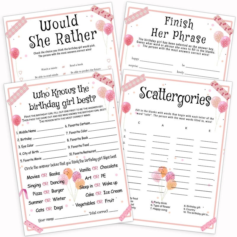 ALodr Birthday Party Games Set for Girls Funny Girls Party Game Girl Birthdays Supplies Activity Decorations Includes Who Knows the Birthday Girl Best Scattergories 20 Double Sided Games Cards - Image 2