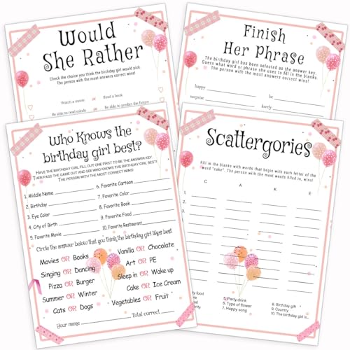 ALodr Birthday Party Games Set for Girls Funny Girls Party Game Girl Birthdays Supplies Activity Decorations Includes Who Knows the Birthday Girl Best Scattergories 20 Double Sided Games Cards - Image 1