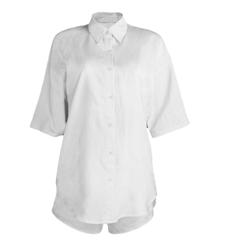 👕 قميص نسائي غير رسمي مريح من قماش مقاوم للاستخدام اليومي مع شورت مطابق - Image 1