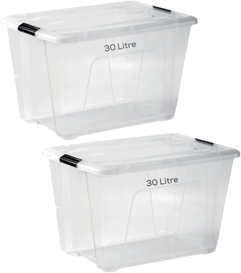 HOOJO ® 30L Clear Storage Boxes with Lockable Lid – Pack of 2 Transparent Plastic Organizers for Clothes, Toys, Tools, Office Supplies, Medicines & Crafts (30 LTR) - Image 1