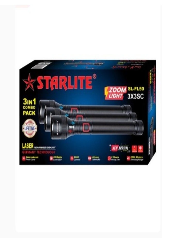 STARLIFE 3 in 1 Combo Rechargeable Laser Flashlight 20W 12000mAh Lithium Battery With Zoomable Function - Image 1