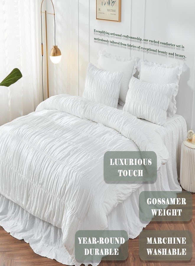 Bonlino King Size Comforter Set - Ruched White Comforter King Bed Set Boho Shabby Chic Bedding - Fluffy 3 Piece Ruffle Comforter Set with Pillow - Soft and Luxury - Image 2