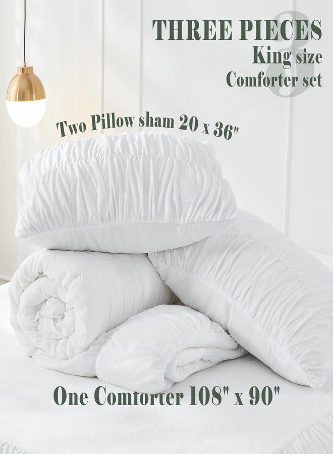 Bonlino King Size Comforter Set - Ruched White Comforter King Bed Set Boho Shabby Chic Bedding - Fluffy 3 Piece Ruffle Comforter Set with Pillow - Soft and Luxury - Image 5