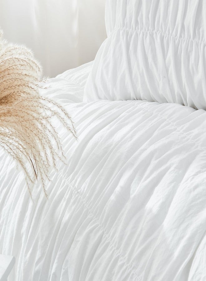 Bonlino King Size Comforter Set - Ruched White Comforter King Bed Set Boho Shabby Chic Bedding - Fluffy 3 Piece Ruffle Comforter Set with Pillow - Soft and Luxury - Image 3